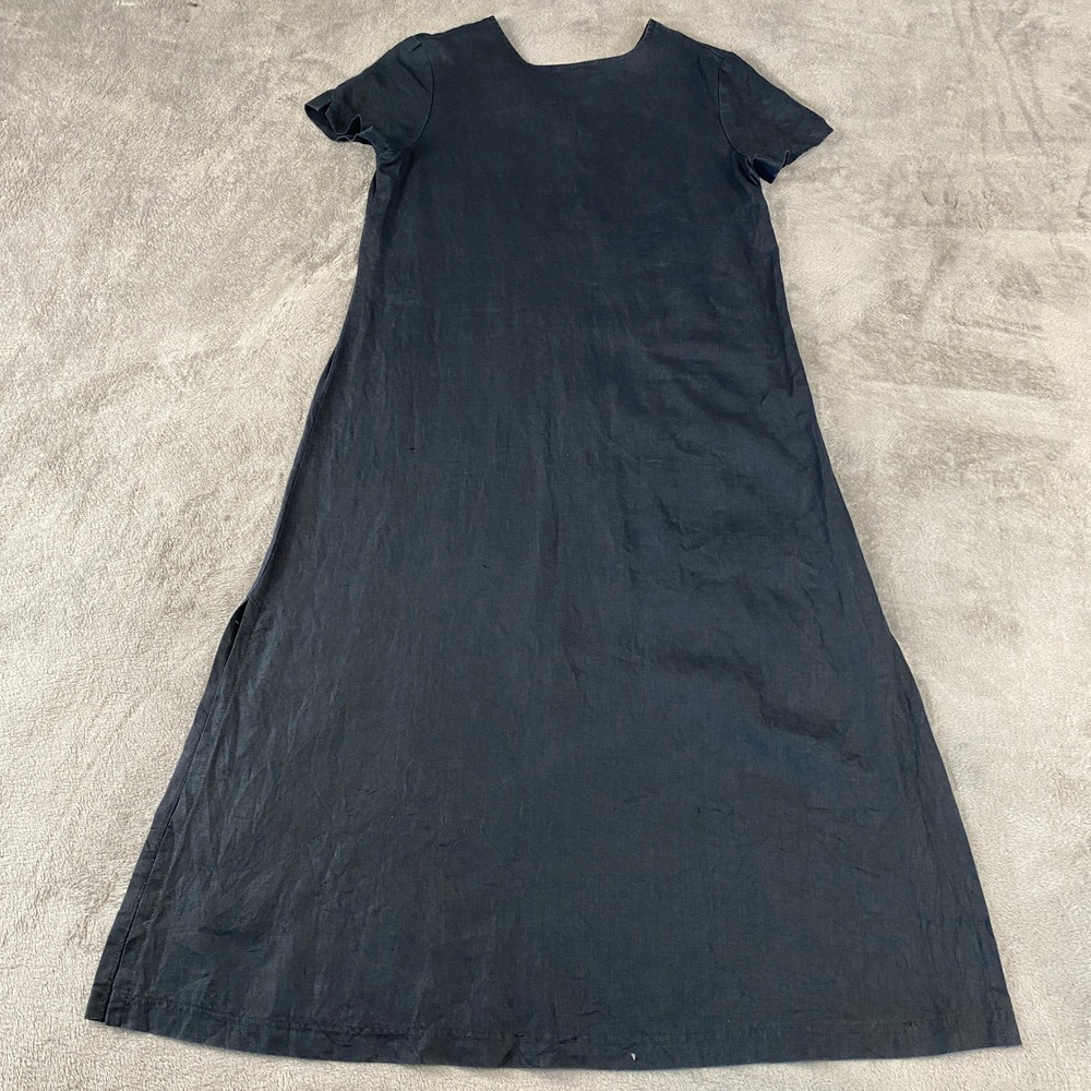 Women Linen Maxi Dress M Black V-Neck Button Front A-Line Slit Lagenlook Summmer - Picture 2 of 9